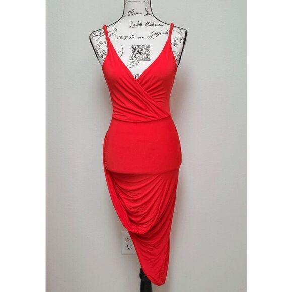 🧡 BEBE Twist Skirt Asymmetrical Hem Grecian Goddess Orange Dress Size XXS/TTP - Picture 8 of 12